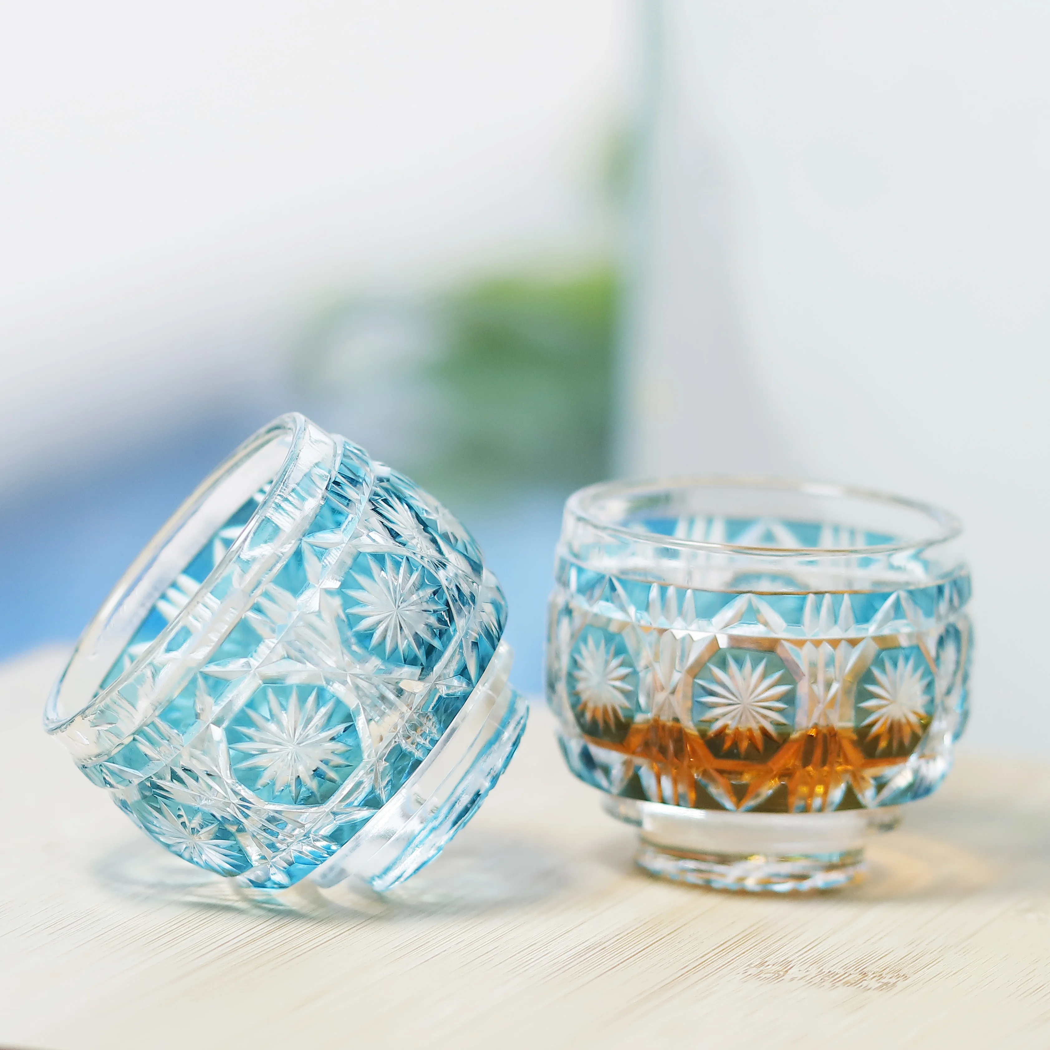 Sky Blue Classic Japanese Style Hand-Cut Liquor Glass Handcrafted Tea Cup Cold Wine Shot Glass for Coffee Tea & Wine Serving