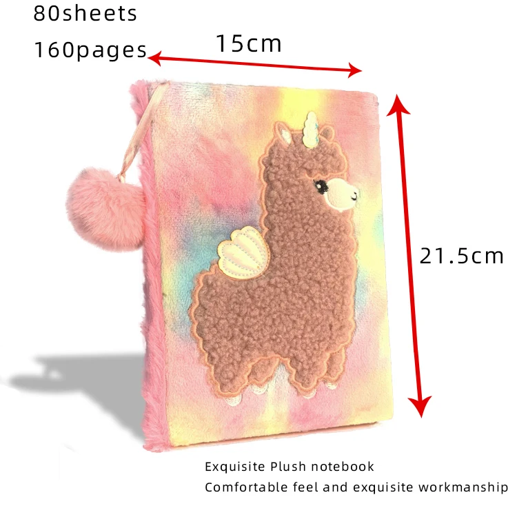 Wholesale fashion plush notebook with plush pendant Kawaii Alpaca Animal note book Student A5 Notebook for kids