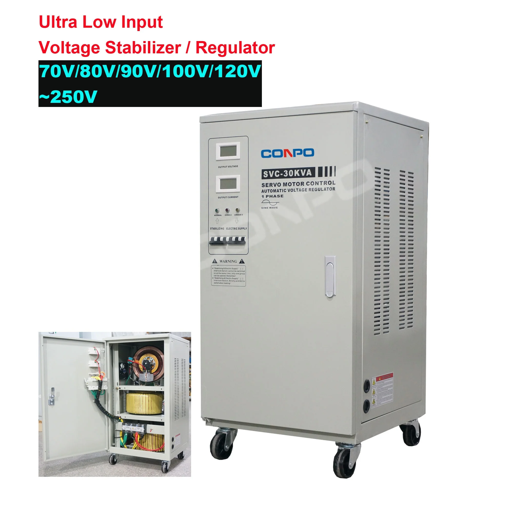 70V/80V/90V/100V/120V~250V Ultra Low Input Automatic Voltage Stabilizer / regulator SVC-30KVA, Estabilizador de voltaje