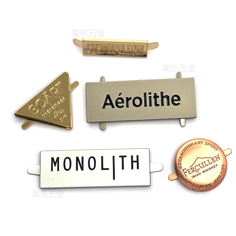 Sock label pin logo metal clothing hardware hand fixed  zinc alloy custom bag metal nameplate with pin u leg backside