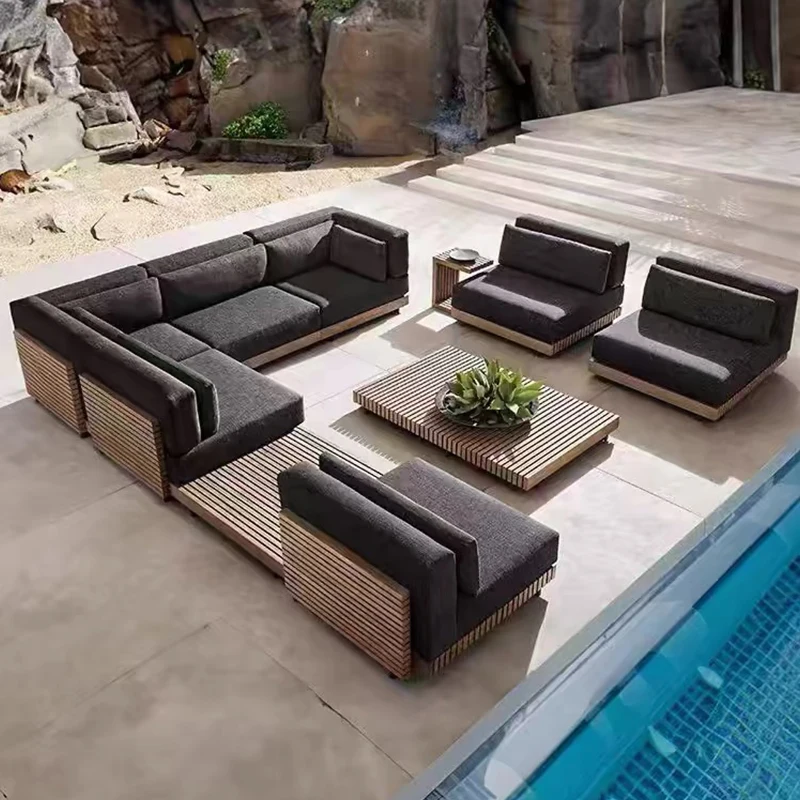 Dongguan High Quality Teak Modular Outdoor Garden Sofa Set OEM/ODM High-End Furniture with Waterproof Fabric Wood Outdoor Use