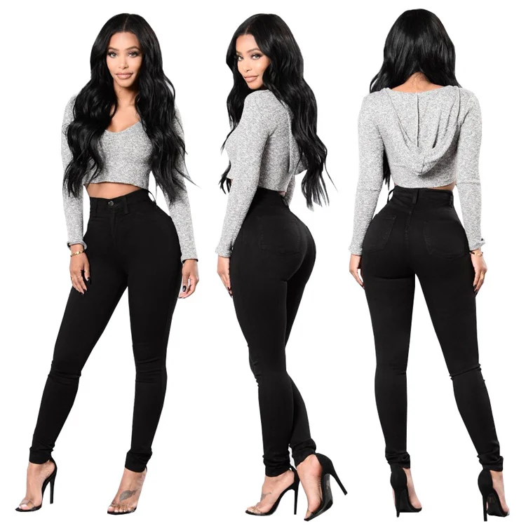 Factory Wholesale Black High Waist Ladies Denim Pencil Pants White Solid Skinny Women Jeans