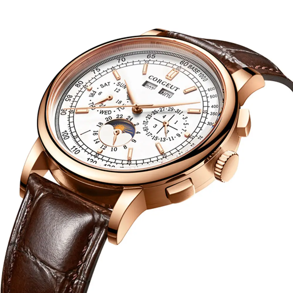 China Watch Factory Wholesale Luxury High Quality 41Mm Corgeut Moon Phase Business Men Automatic Mechanical Leather Watch