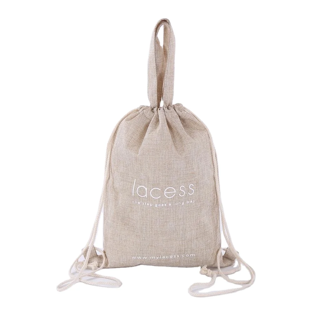 Custom logo eco friendly calico burlap linen jute drawstring bag for shoes