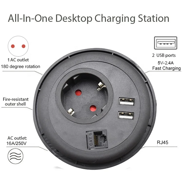 German 1 outlet USB 5V/2.4A and RJ45 Gst18 output desktop power grommet charger