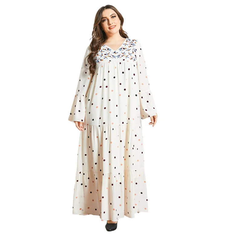 Hot Tunique Musulmane Caftan Marocain Musulmane V-Neck Long Sleeve Dot Print Multi Layer Pleated Faldas Largas Musulmanes