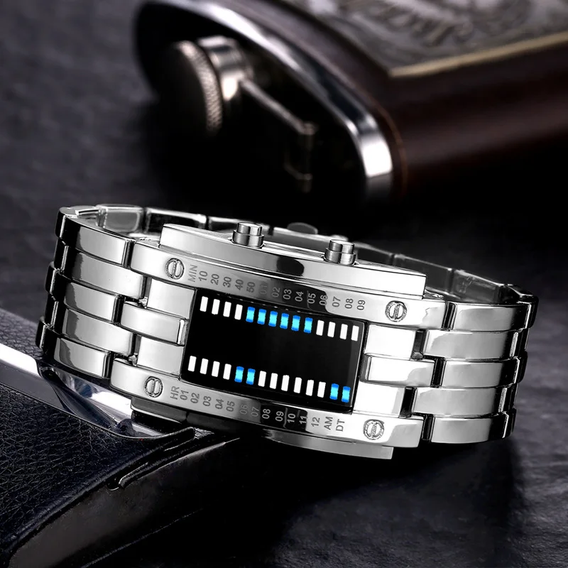 Fashion Creative Sport Watch Men Stainless Steel Strap LED Display Watches Binary Digital Watch reloj hombre