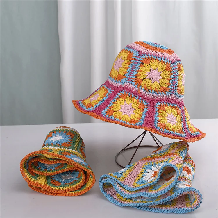 Z1100-bohemian crochet paper straw hats fisherman hat knitted bucket hat