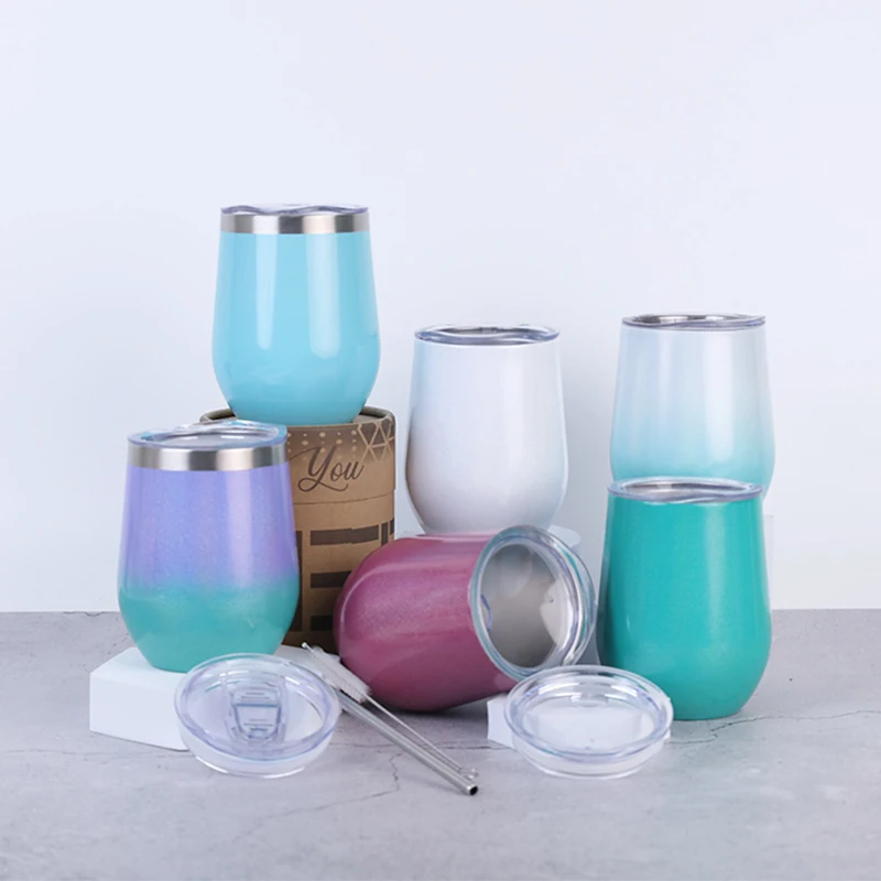 Factory Direct Supply 12 oz Rainbow Painting Double Wall Stainless Steel Insulated Coffee Egg Wine Cup Glass Tumbler with Lids