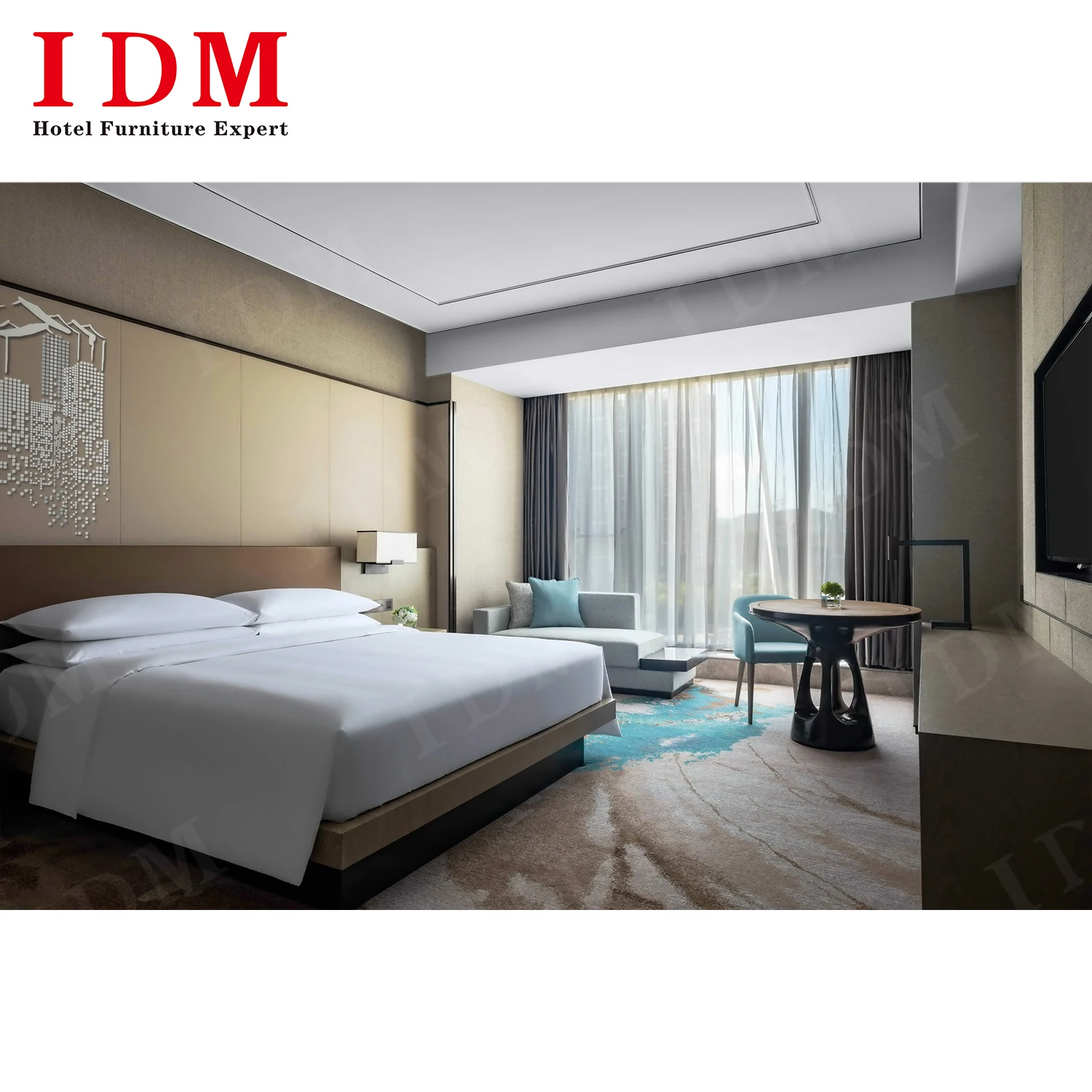 Modern deluxe commercial luxurious hotel bedroom furniture set with pillow sleeping double bed for hotel room furniture