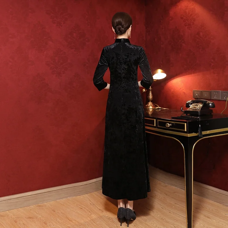 Платье-Ципао женское длинное из бархатной ткани, с рукавом до локтя