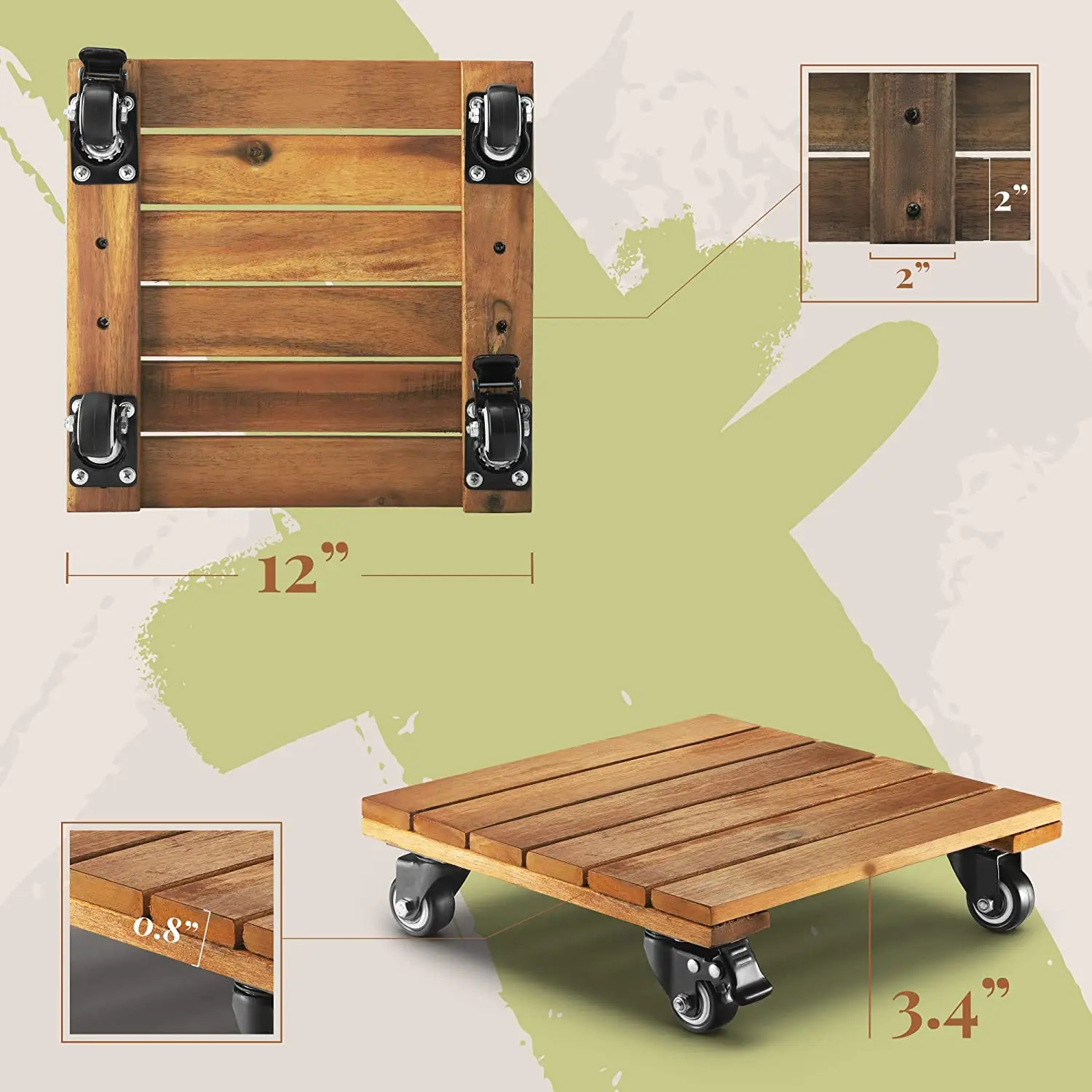 12 inches Square Plant Roller  Wood Plant stand  with 4 Metal Lockable Caster Wheels