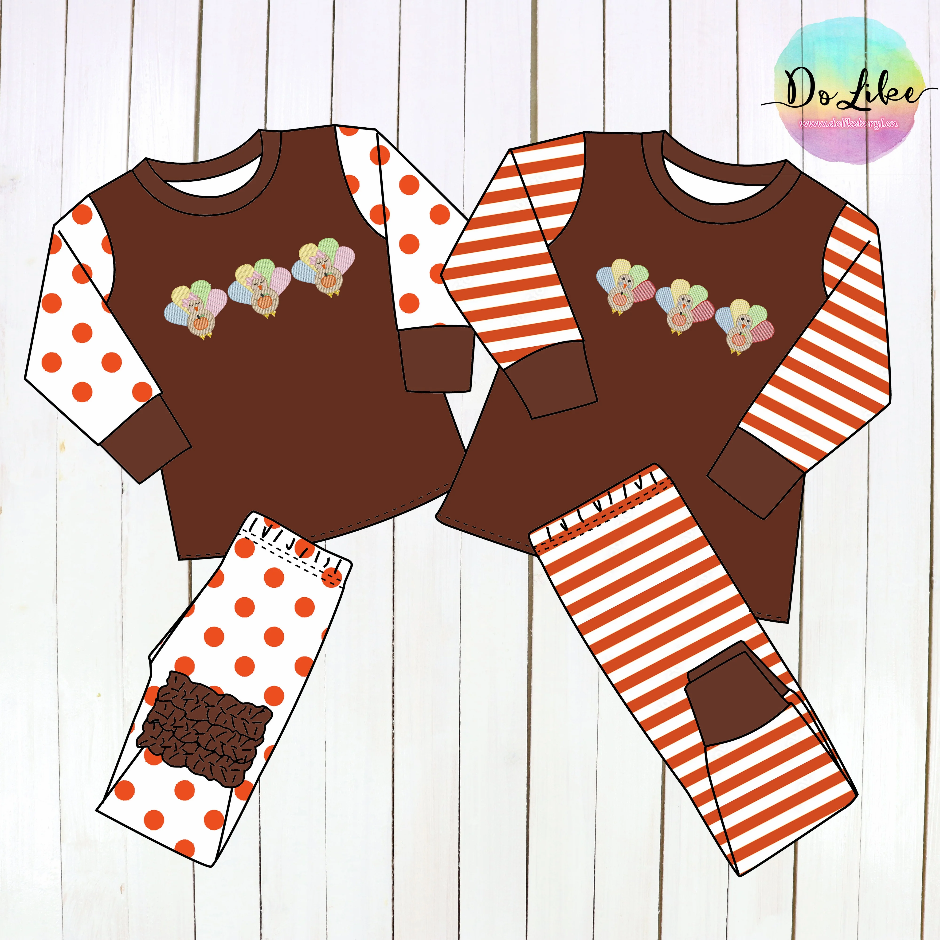 Sibling Kids Clothing Wholesale Turkey Embroidery Family Pajamas Autumn Baby pajamas for Thanksgiving Day