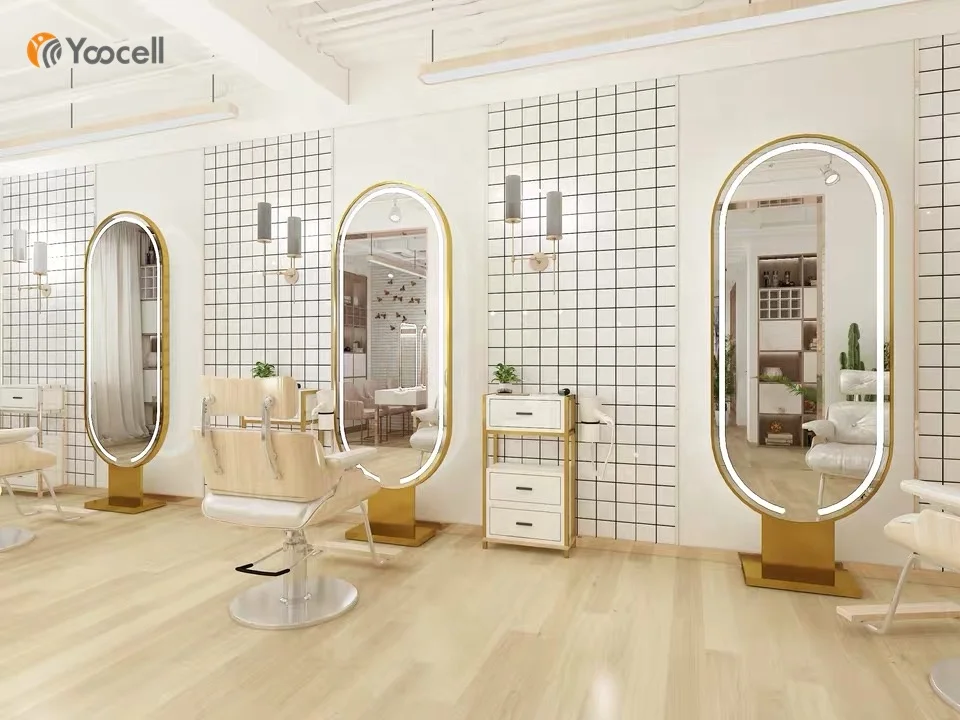 Yoocell modern salon styling mirror led light gold frame oval luxury styling station for beauty shop