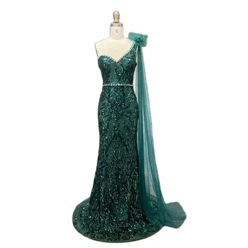 Dubai Green Party Dinner Dress One Shoulder Cape Long Evening Dresses With beads Belt Customized Luxury Wedding Robe