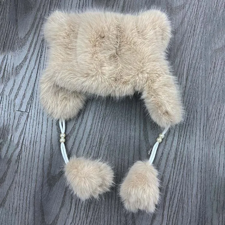 2023 new arrival winter faux fur warm skull cap with pompom outdoor  earflap hat