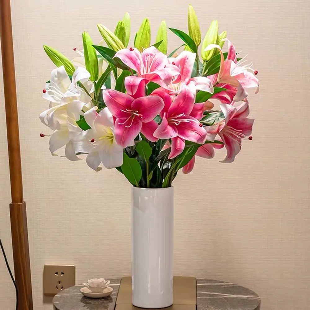 Wholesale High Grade Pink Lily Flower Artificial Long Stem Fabric Lily Flower Artificial Simulated Flower For Home Decorative