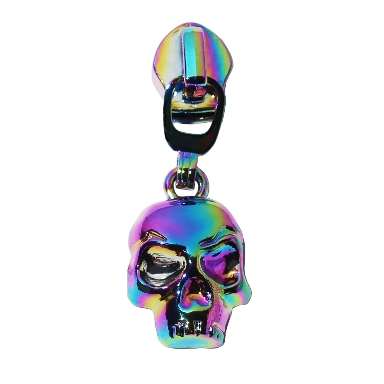Personalized made skull logo puller slider design rainbow color tote bags metal zipper charms for leather crafts