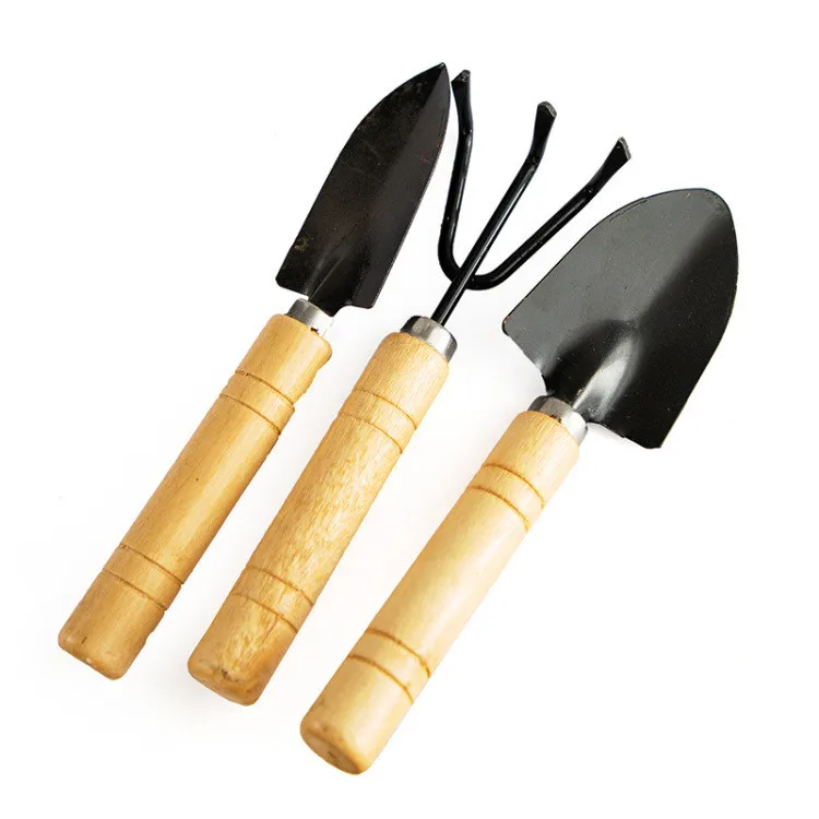 3 Piece Set Mini Garden Tool Spatula Rake Seedling Machine for Outdoor Potted Flowers Iron Wood Black