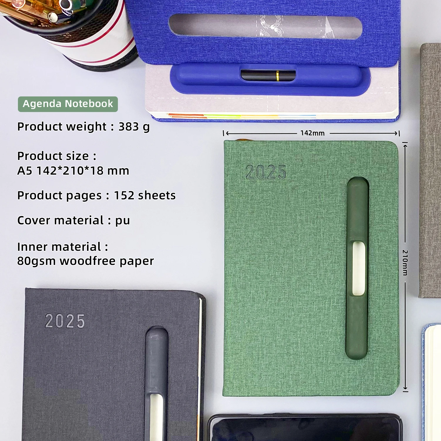 2025 Custom Logo Pu Leather Cover A5 Spanish Diary Planner Journal Agendas Notebook with Pen Holder