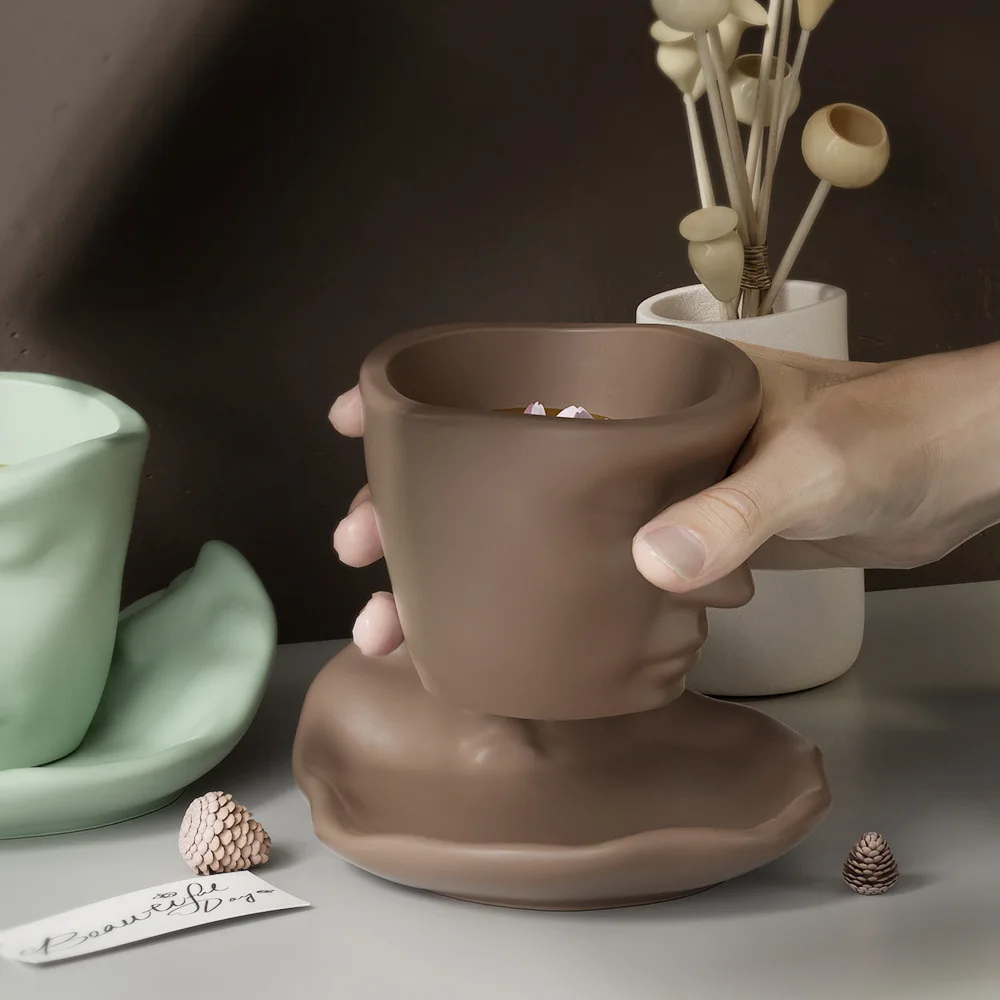 BSP70 3D face sculpture abstract art Thinker Plaster Clay Face silicone coffee cup and saucer set silicone molds