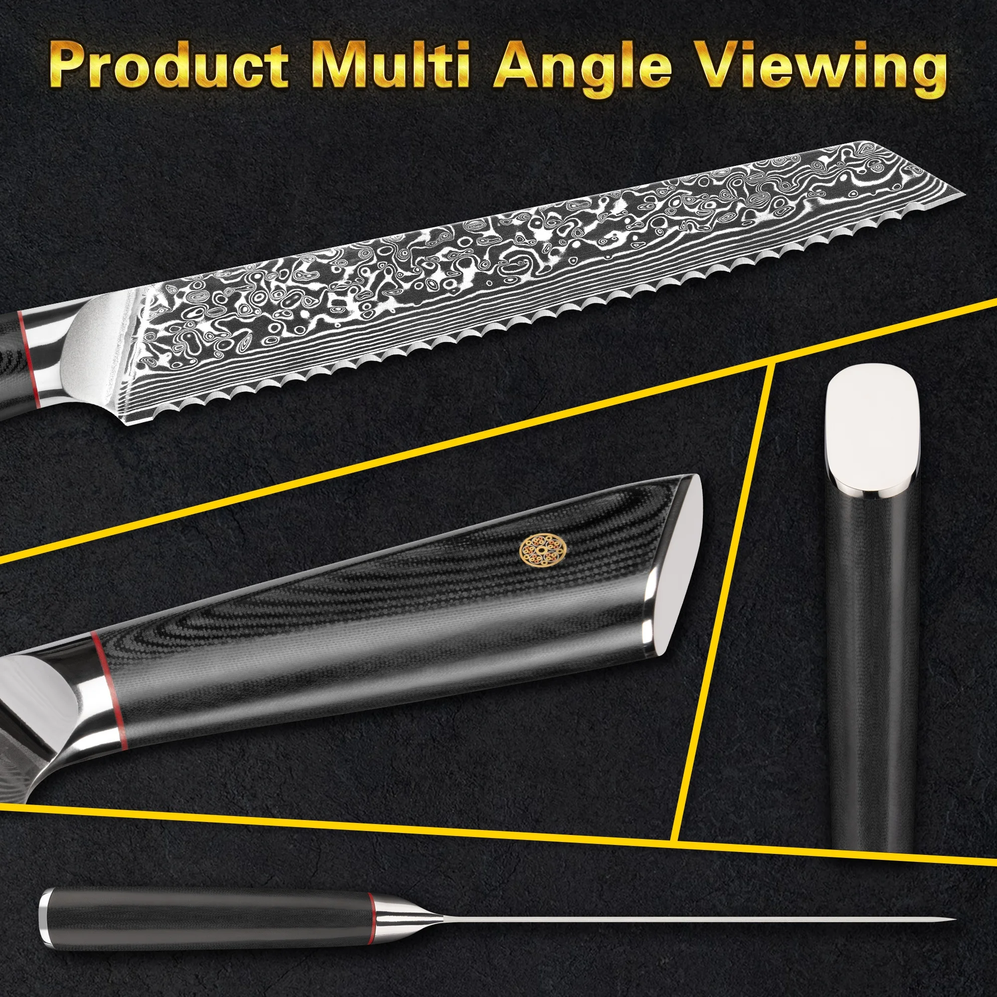 Black G10 Mosaic Rivet 8 Inch 67 Layers Damascus Steel Bread Slicer Japanese v Gold Serrated Blade Bread Knife with vg10 core