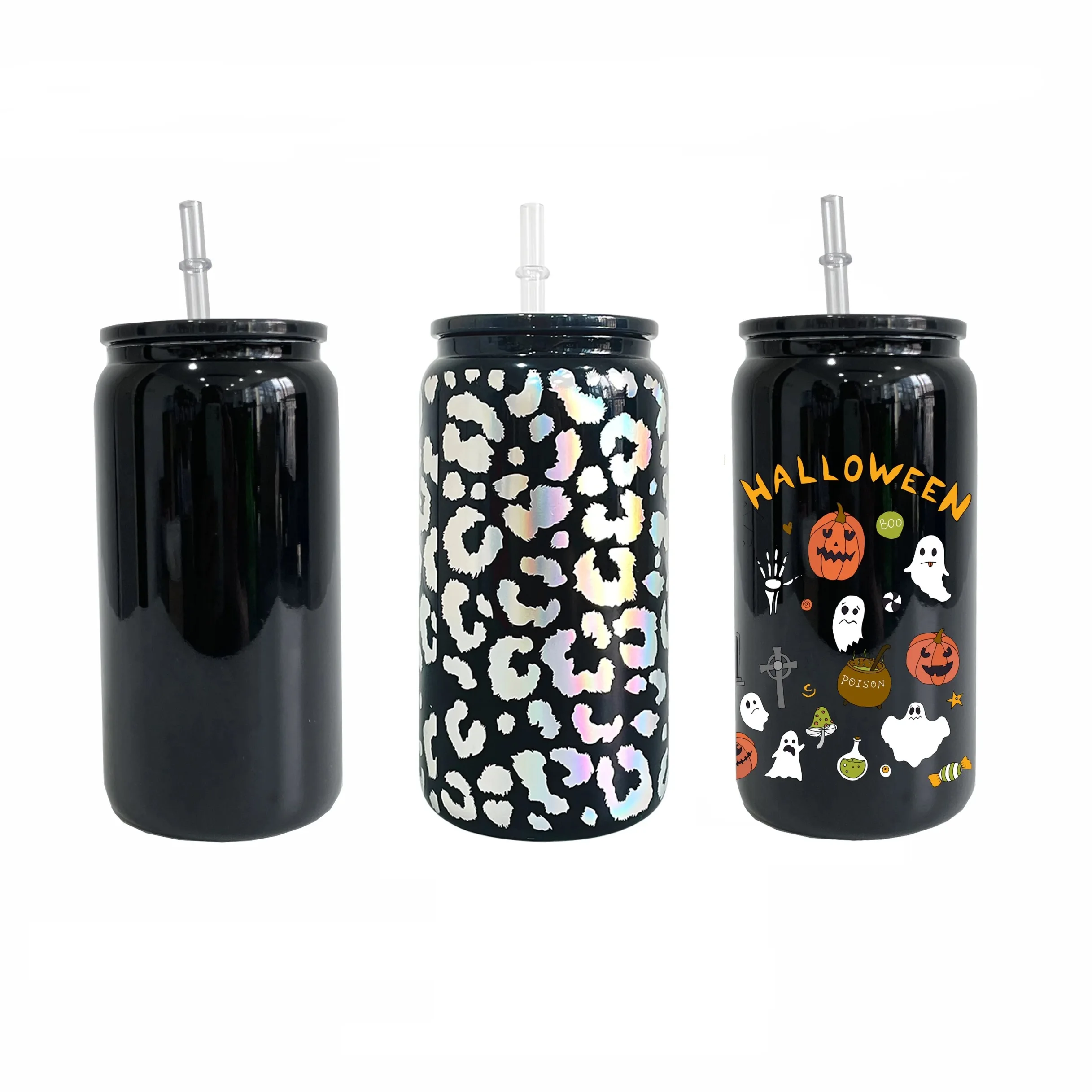 Wholesale bulk black glass can 16oz beer glasses Recyclable Borosilicate black 16oz beer can with clear plastic straw for vinyl