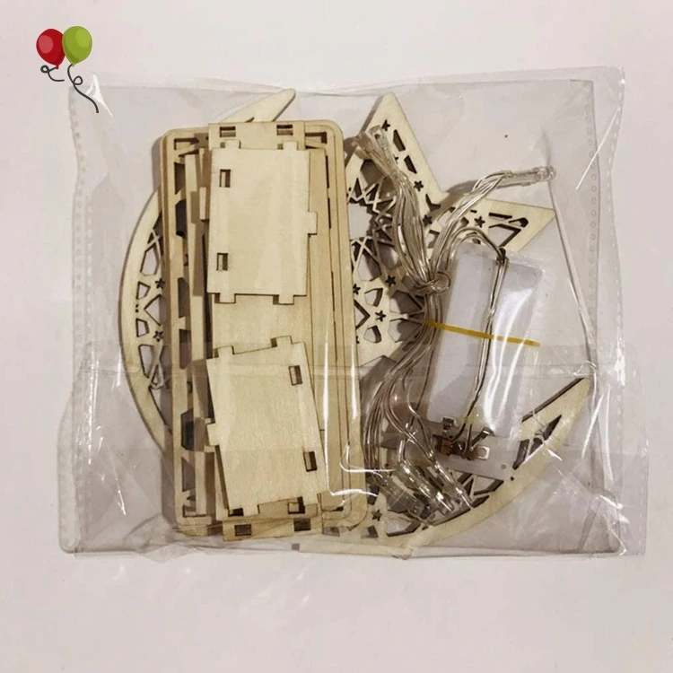 Wooden Ramadan Eid Mubarak Moon Star Islam Hanging Pendant Plate with LED String Lights Eid Mubarak Wooden Ornaments KD750