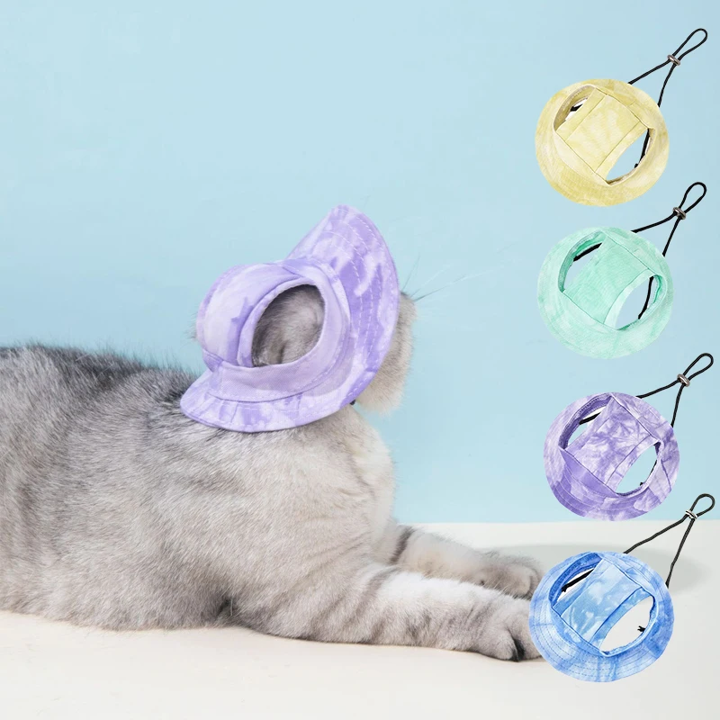 Hawaiian Round Brim Cat Princess Hat Visor Hat Prevent Suffocation Pet Dog Porous Sun Hat Cap with Ear Holes for Small Dogs Cats