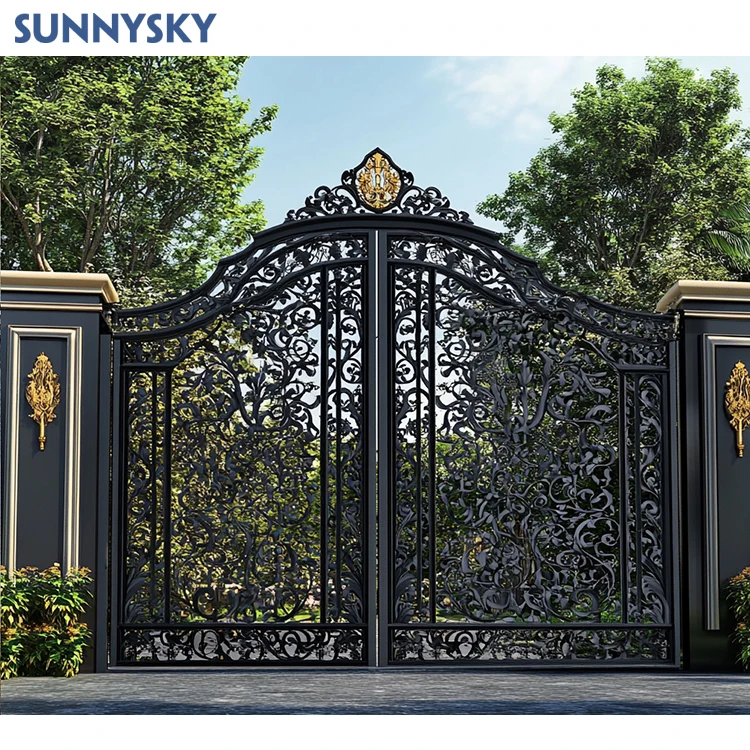 Sunnysky автоматический Дом Роскошный стальной забор ворота дизайн металла кованого железа двойные распашные подъездные
