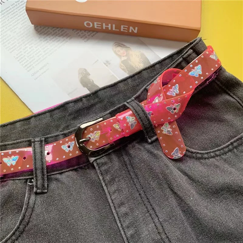 Transparent laser belt candy color butterfly print ladies plastic belt thin belt