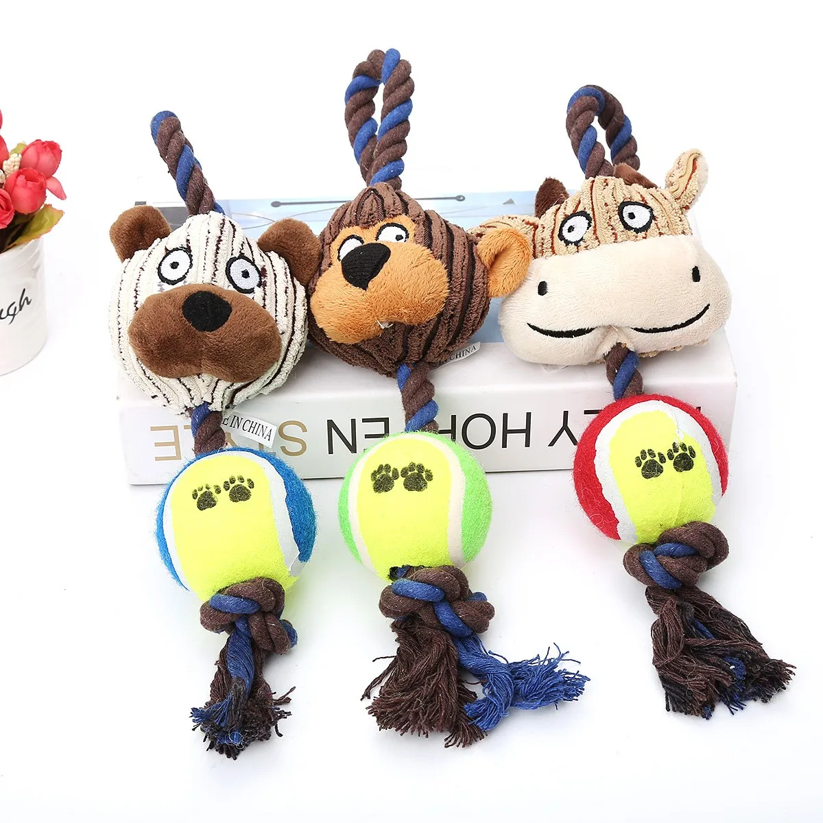 HANDOU wholesale good sell online plush dog toy with rope and tennis ball squeaker inside