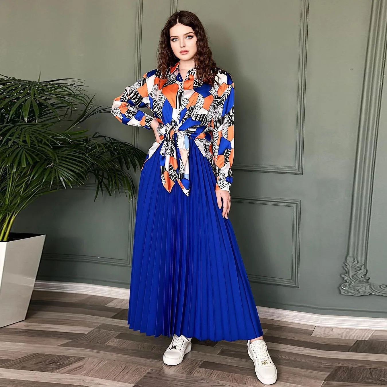 Women Modest Set Fashion Loose Patchwork Button Long Tops Blouse Elegant High Waist Pleated Skirt 2pcs Suit