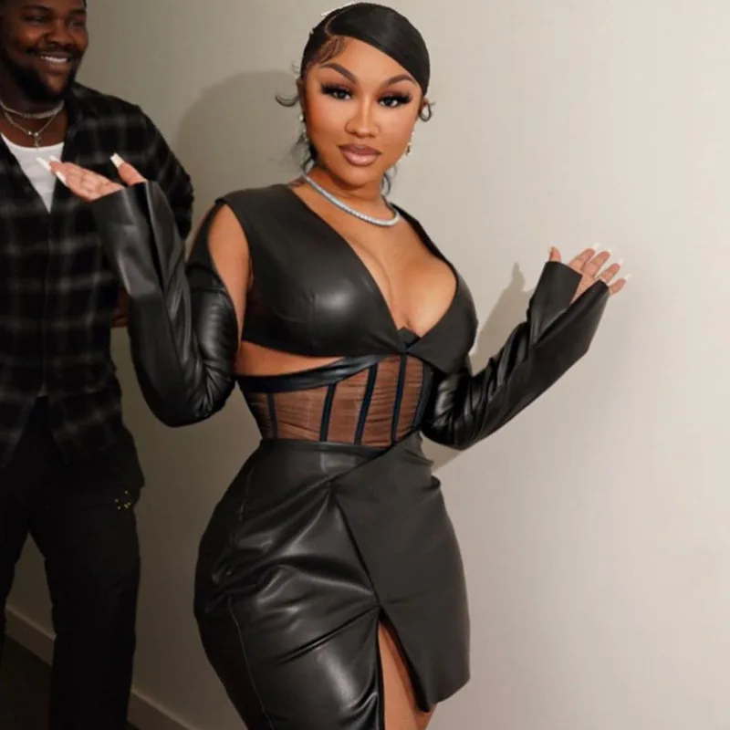 WT046 women fall fashion sexy mesh low-cut Fishbone corset hip-like leather dress