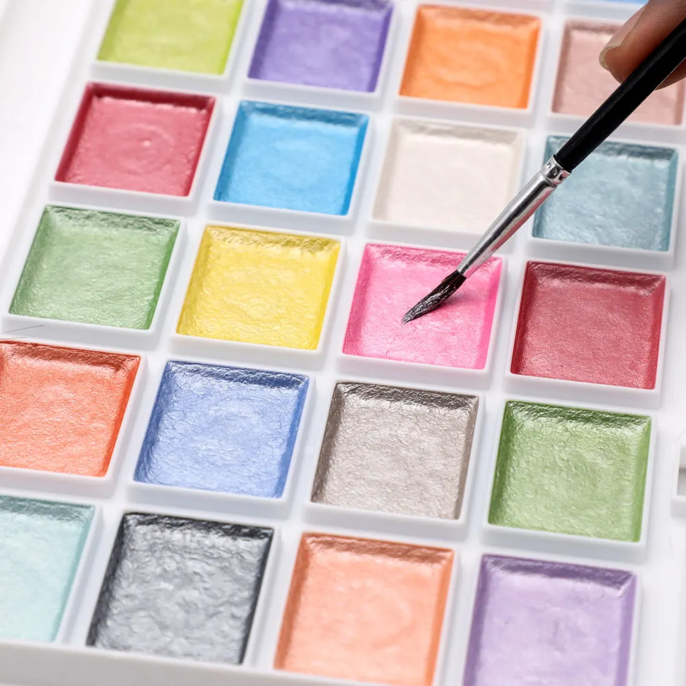 Artecho watercolour  Semi-Moist Paint Set, 28 Metallic Colors Watercolor Cake Set with Classic Paint Brush, Idea for Kids