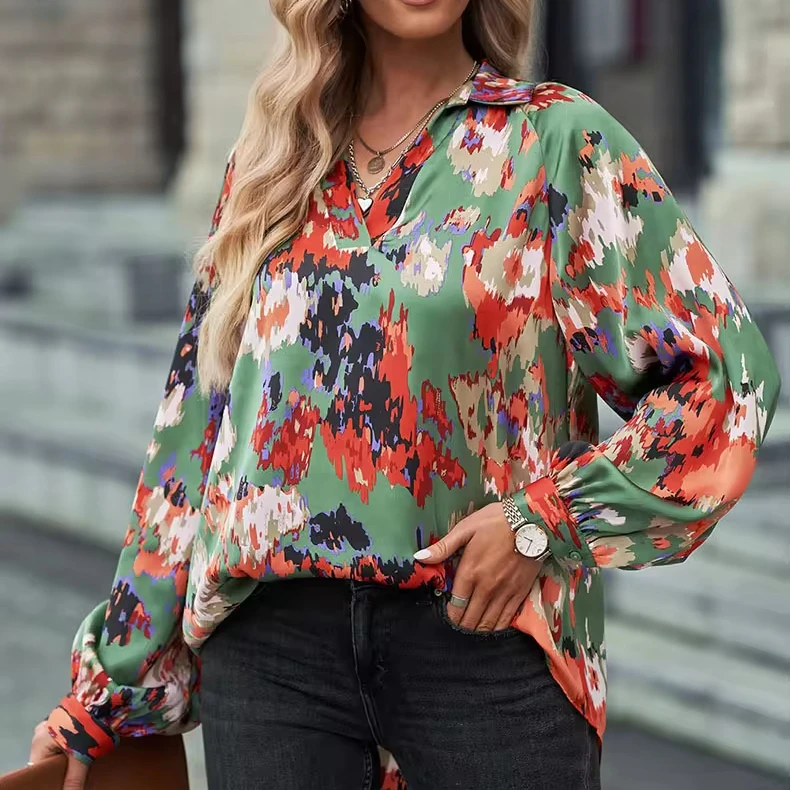 Factory Direct Custom Designs Women Printed Shirts Fashionable Breathable Tops Long Sleeve V-neck Elegant blusas Blouses