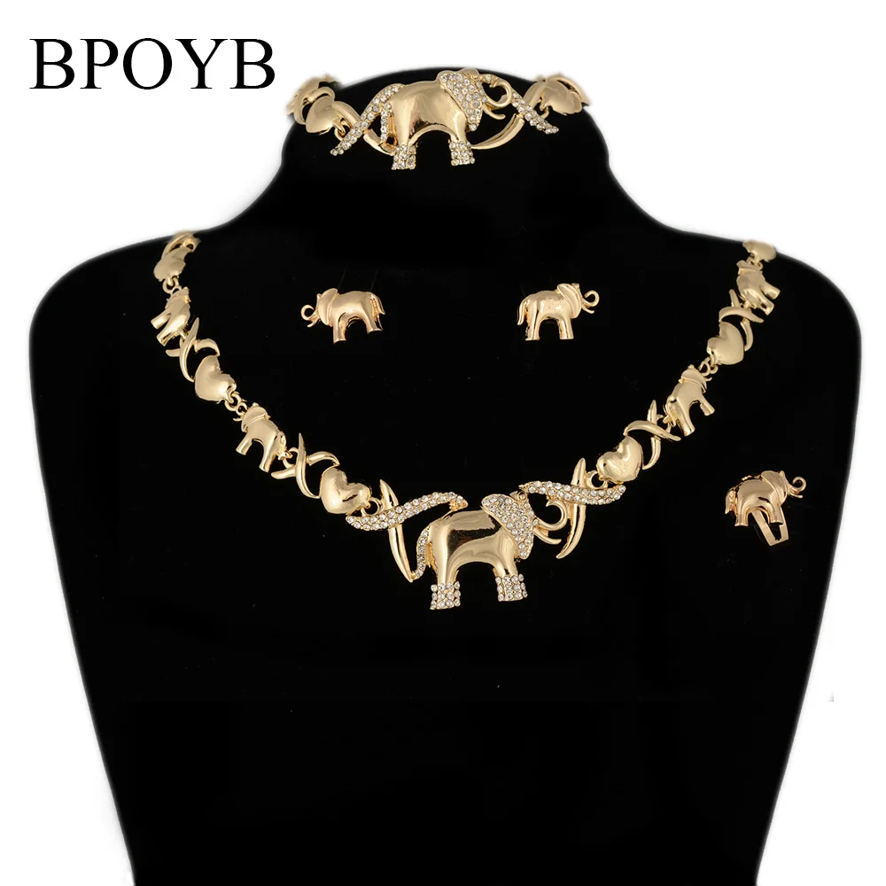 
BPOYB Hot Sale Charms Elephant Xoxo Jewelry Set Dubai Afican 18K Gold Plated Jewelri Necklace Earring Bracelet Ring 4 Pieces 