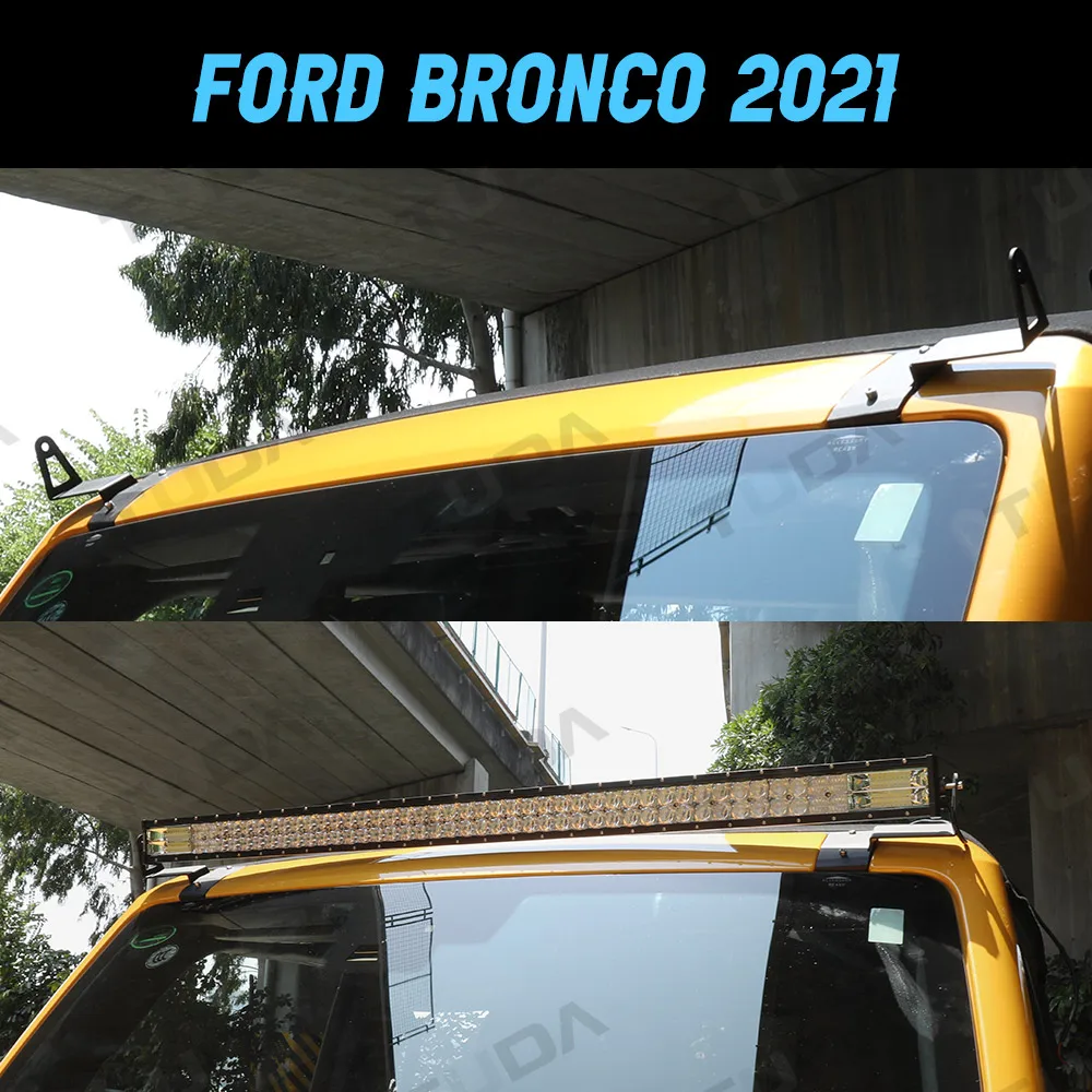 52' Curved LED Light Bar Bracket at Upper Windshield Roof Cab for 2021 2022 Ford Bronco