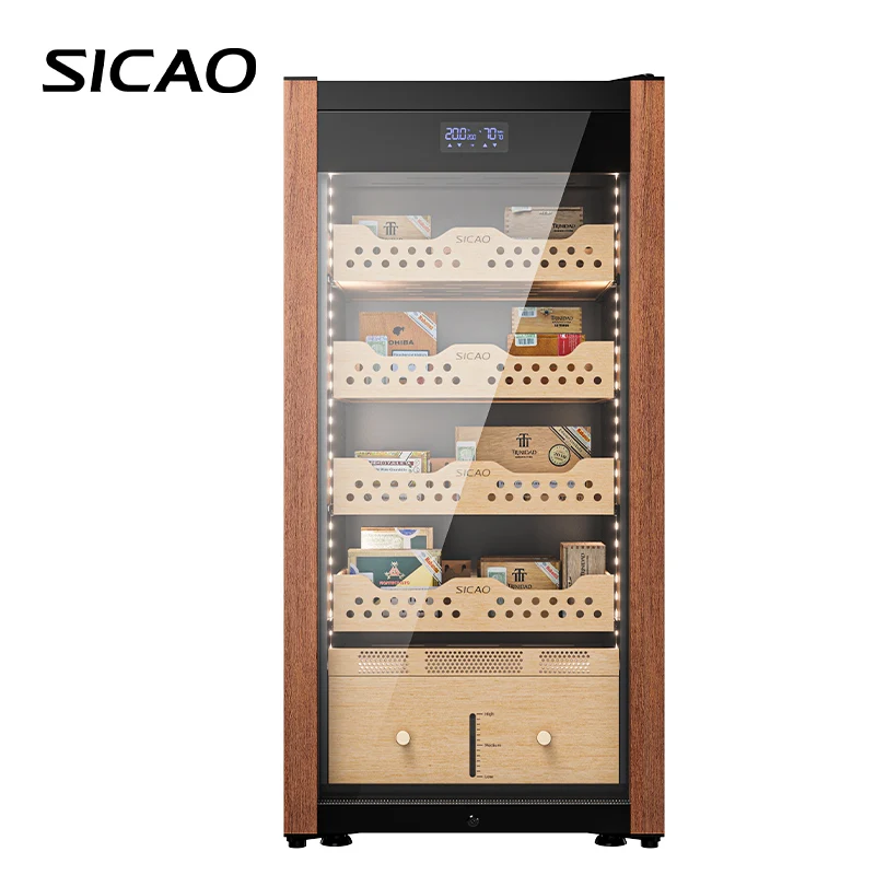 SICAO Small Cigar Humidor Electric 191L hold 800 Thermoelectric 16-22℃ Spanish Cedar Wood Luxury Mini Cigar Cooler Cabinet