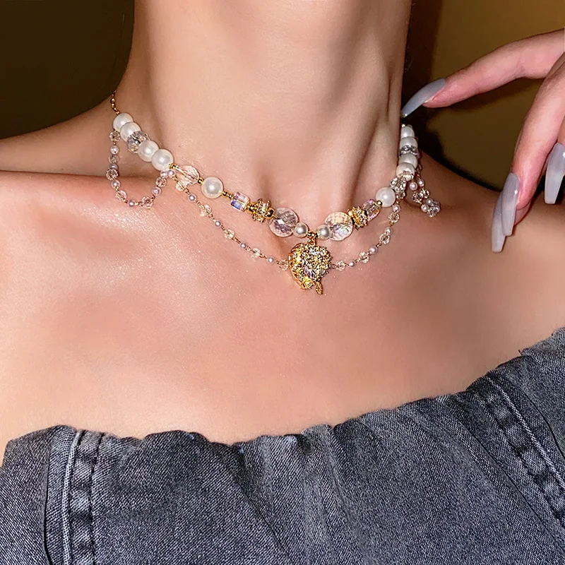 Diamond Heart Pearl Necklace Handmade Crystal Rhinestone Pearl Necklace Gold Plated Love Heart Zircon Water Drop Necklace