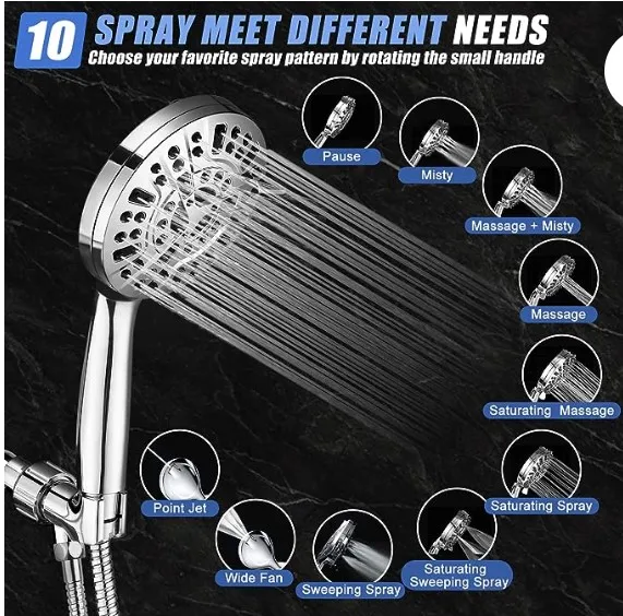 High Pressure Shower Head with Handheld, 10 Spray Settings Combo Water Saving Shower Heads with Stainless Steel Hose,Holder & PT