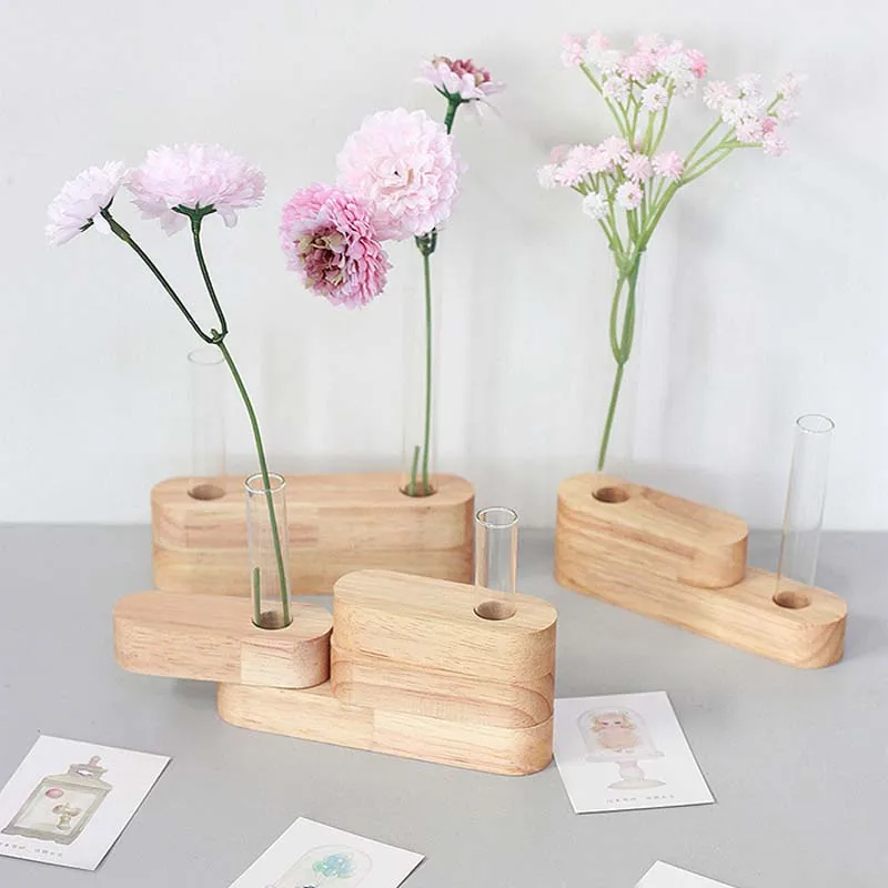 Nordic Home Decor Transparent Flowers Test Tube Vase With Wooden Stand