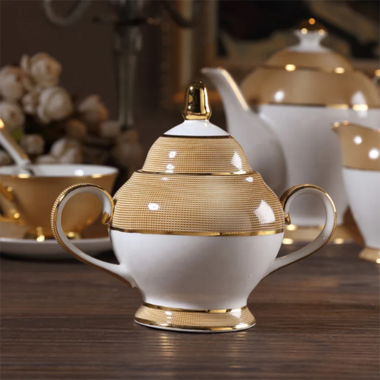 Tangshan wholesale and retail 15 pcs fine bone china chinaware  gold plated decal tea set ceramic