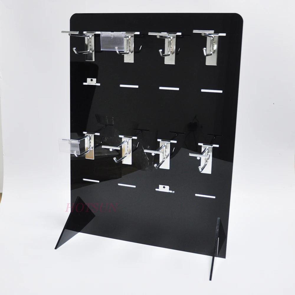 Flat Package Black Plastic Display Rack Custom Top Grade Counter Acrylic Hook Display with PVC Price Holder