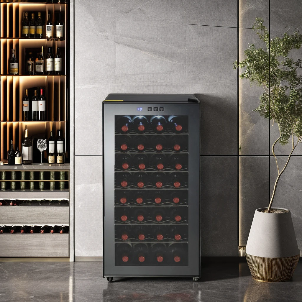 32-Bottle Low Noise Wine Cooler with No Fog Feature Glass Door Refrigerator for Wine & Beverages
