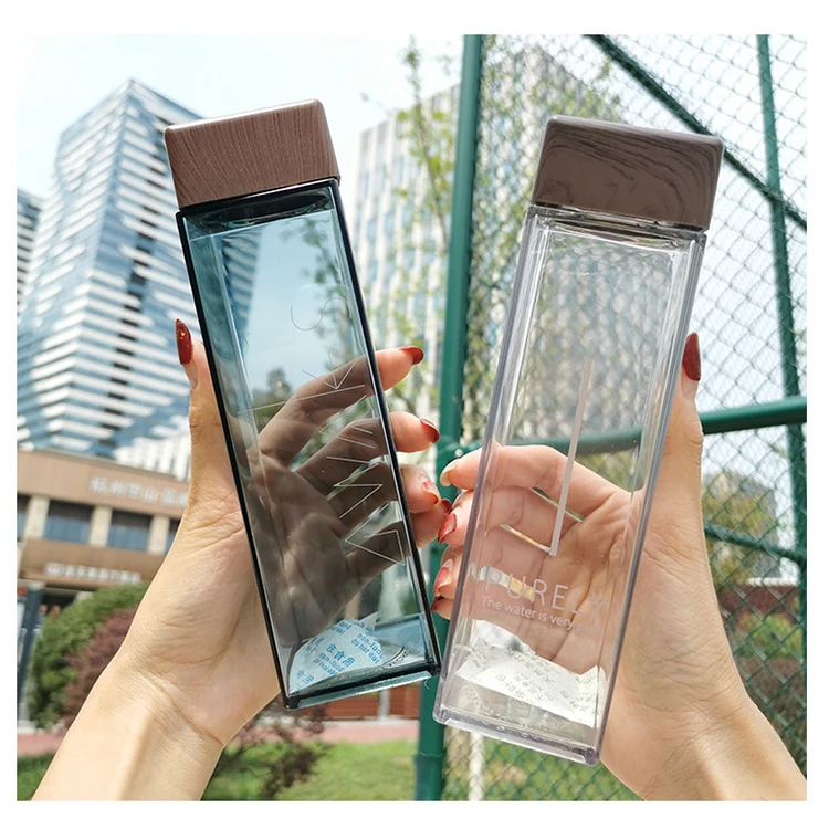Outdoor Travel Transparent Wood Lid Plastic Square Frosted Water Bottle For Sports