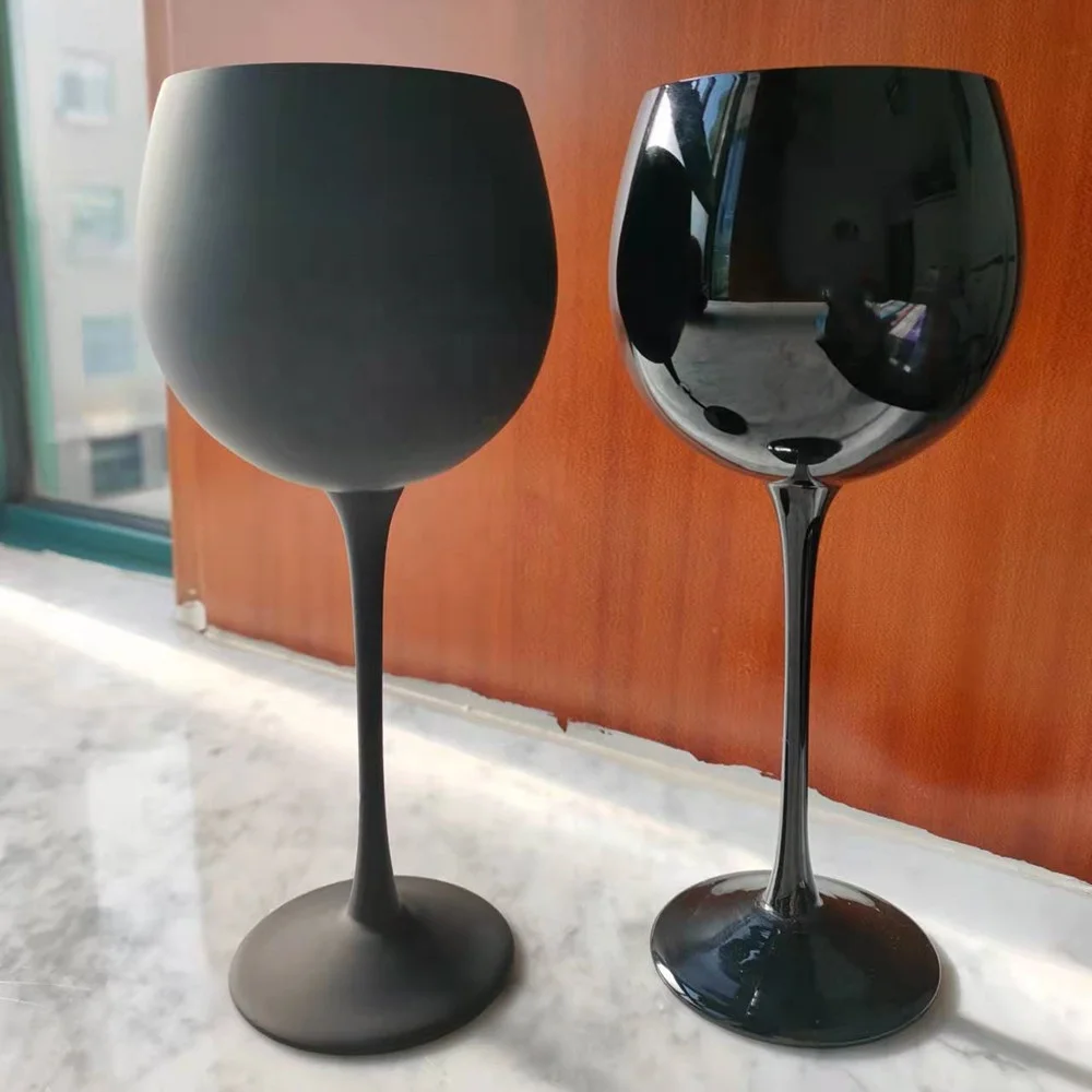 Wholesale Solid Black Color Glass Goblet Frosted Wine Glasses With Black Stem