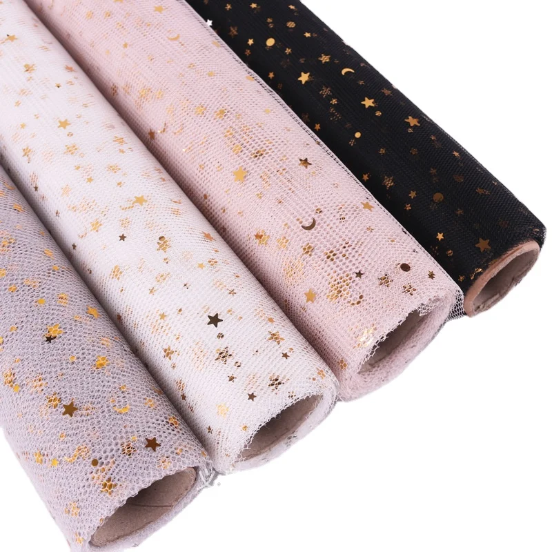 JOYWOOD Wholesale Coloured Luxury Gold Star Moon Gift Bouquet Wrapping Flower Gauze Mesh Paper Roll