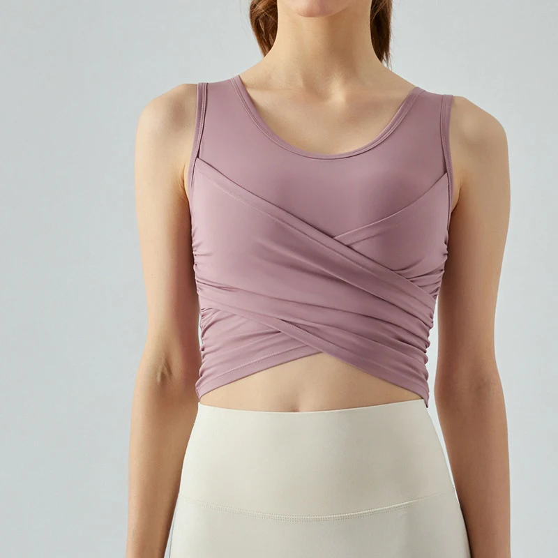 2025 New Arrivals High Quality Yoga Tank Tops Gym Sports Fitness Cross-fold Yoga Vest with Pleated Design and Chest Pad