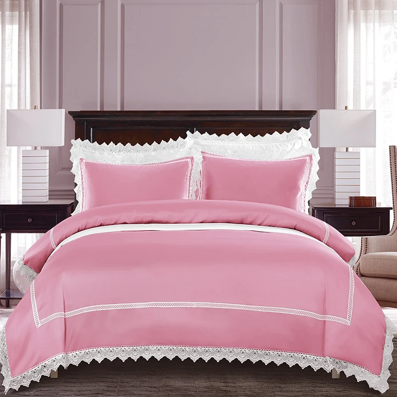 Wholesale bedsheet Luxury Bedding Set With White Lace bed sheet Polyester Silk Duvet Cover satin sheet set bedding basics